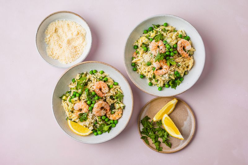 Courgette, Pea, and Prawn Orzo