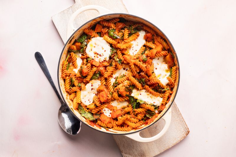 Squash, Mozzarella, and Spinach Pasta Bake