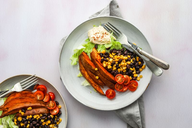 Sweet Potato Wedges with Black Beans and Corn