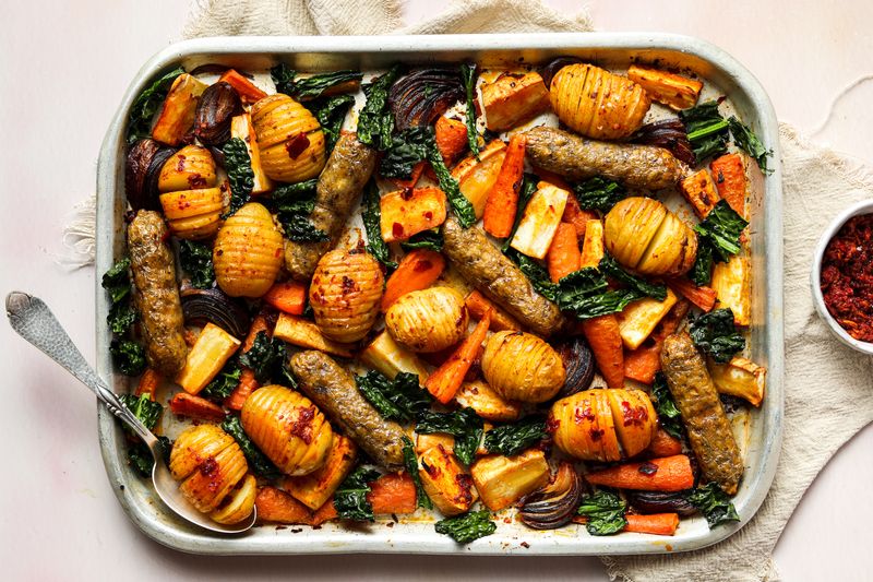 Sausage and Hasselback Potato Traybake